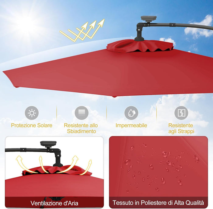 Ombrellone da Giardino ∅300 cm con 32 Luci LED, Ombrellone Prendisole con Rotazione di 360°, Inclinazione Regolabile, 8 Stecche, Manovella, per Giardino Piscina Cortile (Borgogna)