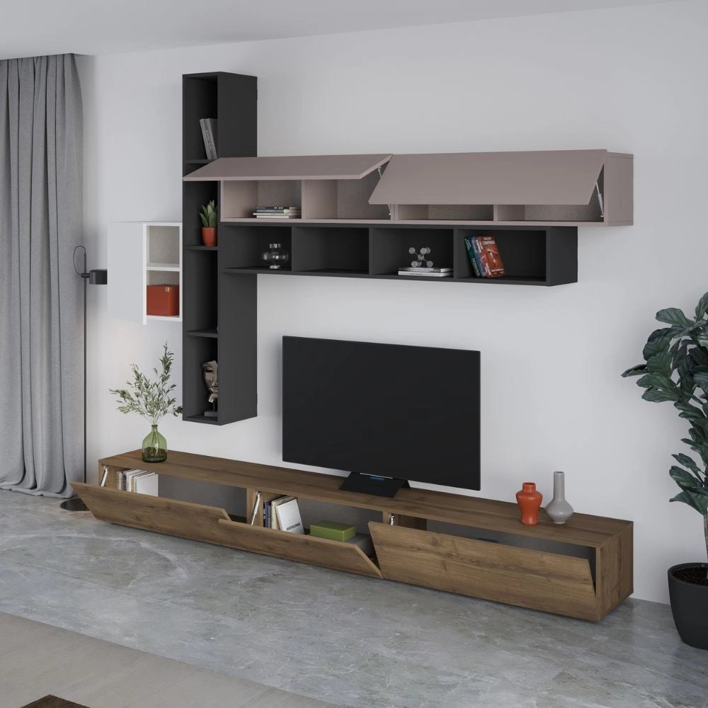 Parete attrezzata Fashion base colore hitit noce e pensili antracite, bianco e tortora  H 205x40x275 cm.