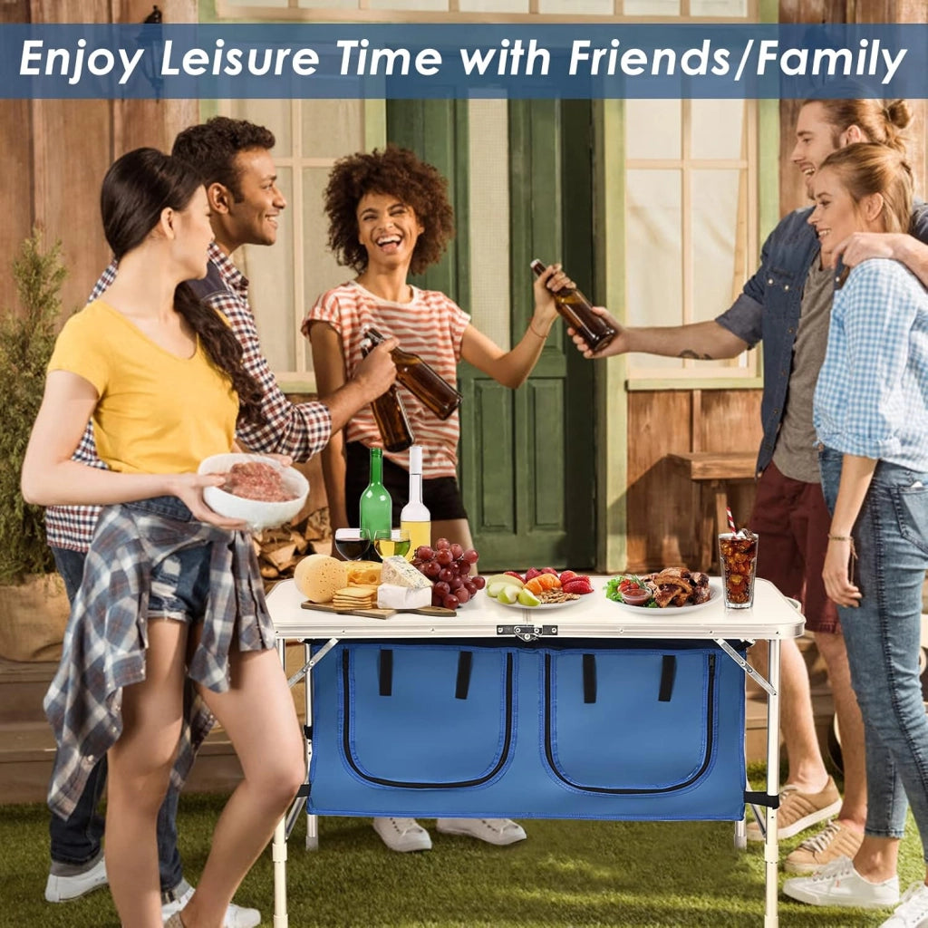 Tavolo da campeggio pieghevole, altezza regolabile in 53,5 cm / 71 cm, tavolo da picnic in alluminio con armadietti da 120 l, tavoli da esterno 120 x 61 cm, per barbecue, feste