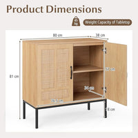 Credenza da Cucina, Armadio con 2 Ante Intrecciate in Rattan, Ripiano Regolabile a 3 Posizioni, Armadietto Boho per Cucina, Sala da Pranzo, Soggiorno e Corridoio, 80 x 38 x 81 cm (Naturale)