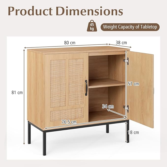 Credenza da Cucina, Armadio con 2 Ante Intrecciate in Rattan, Ripiano Regolabile a 3 Posizioni, Armadietto Boho per Cucina, Sala da Pranzo, Soggiorno e Corridoio, 80 x 38 x 81 cm (Naturale)