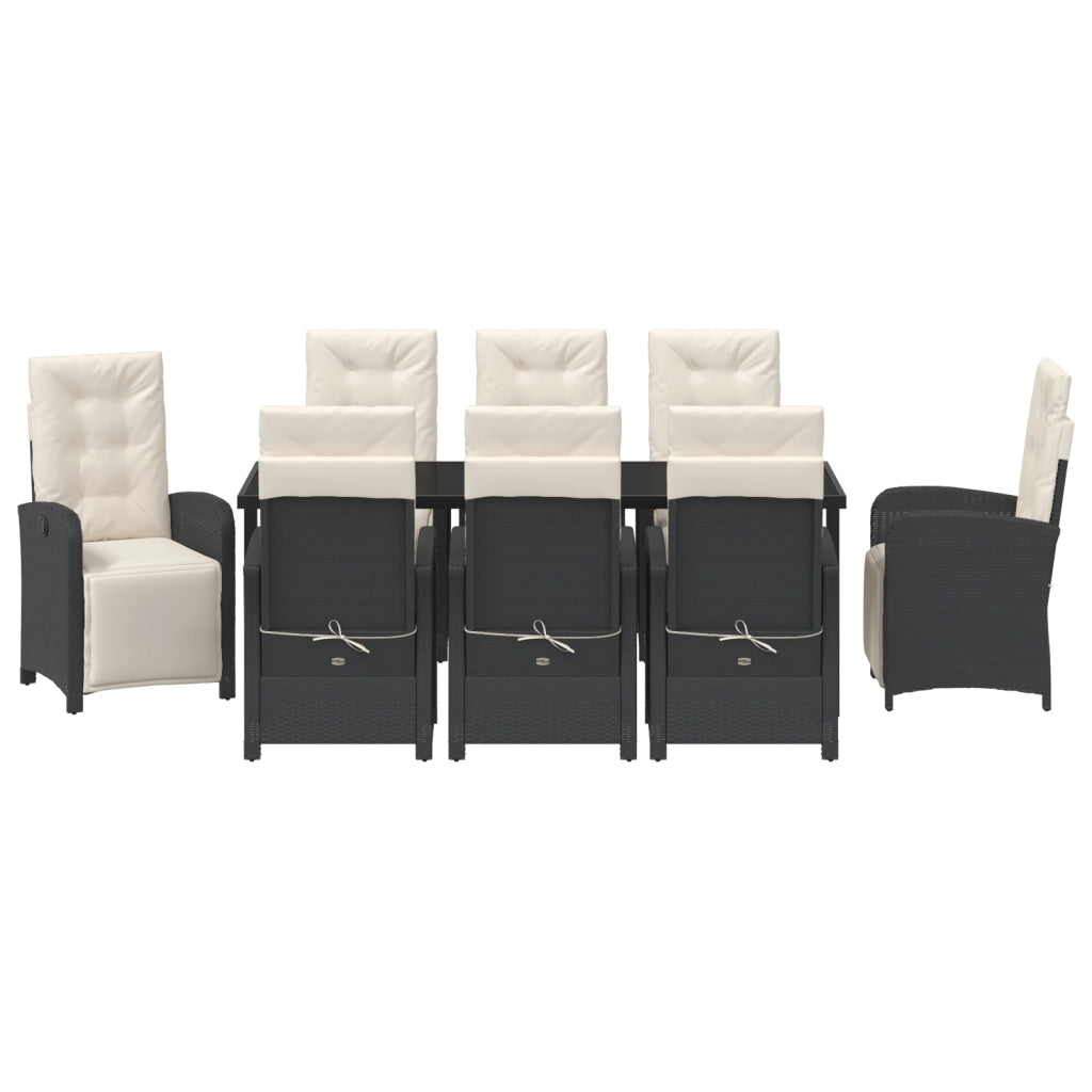 Set da pranzo da giardino da 9 pezzi con cuscini in rattan poliestere nero