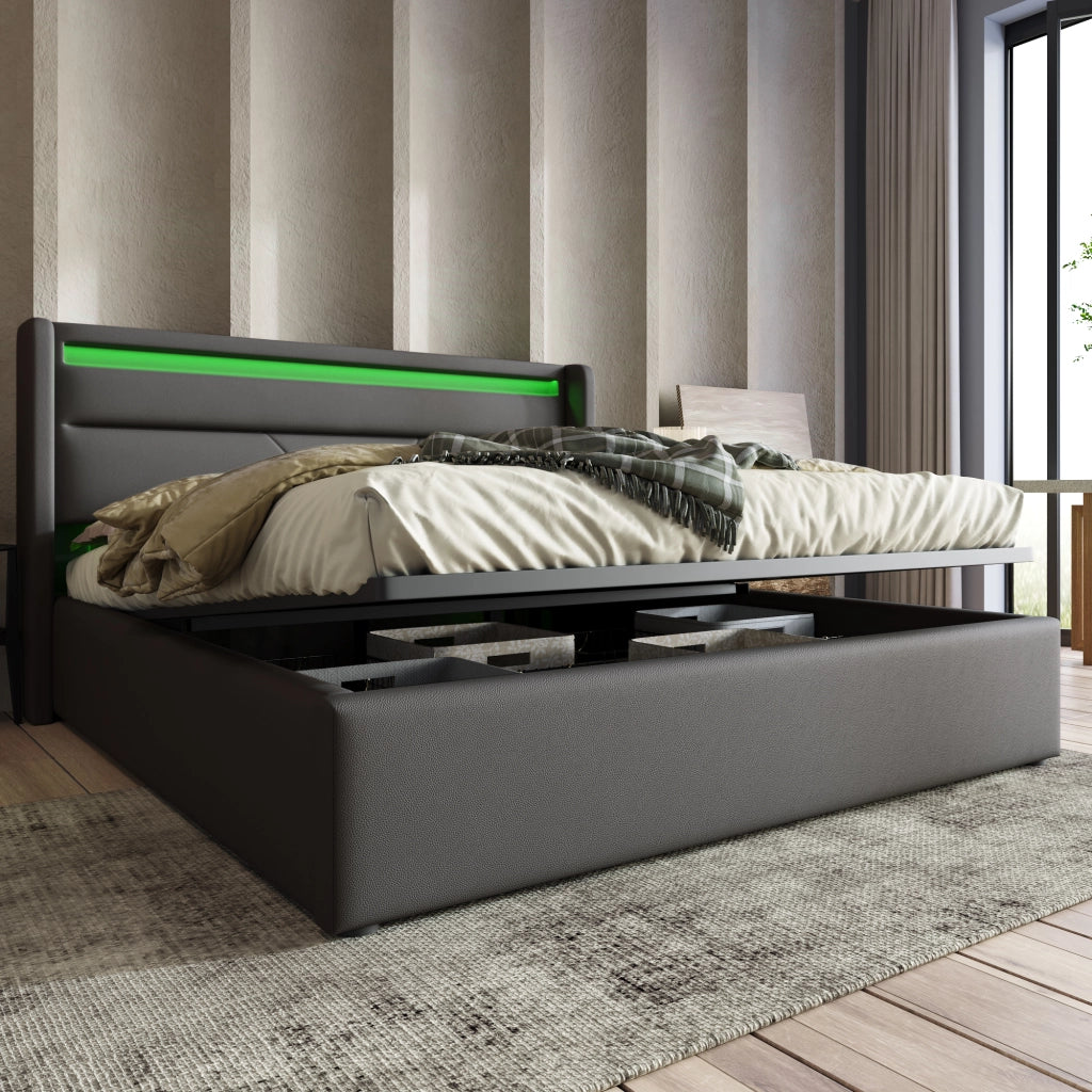 Letti contenitori 160x200 cm; con testiera LED e apertura idraulica; PU; grigio (Senza materasso)