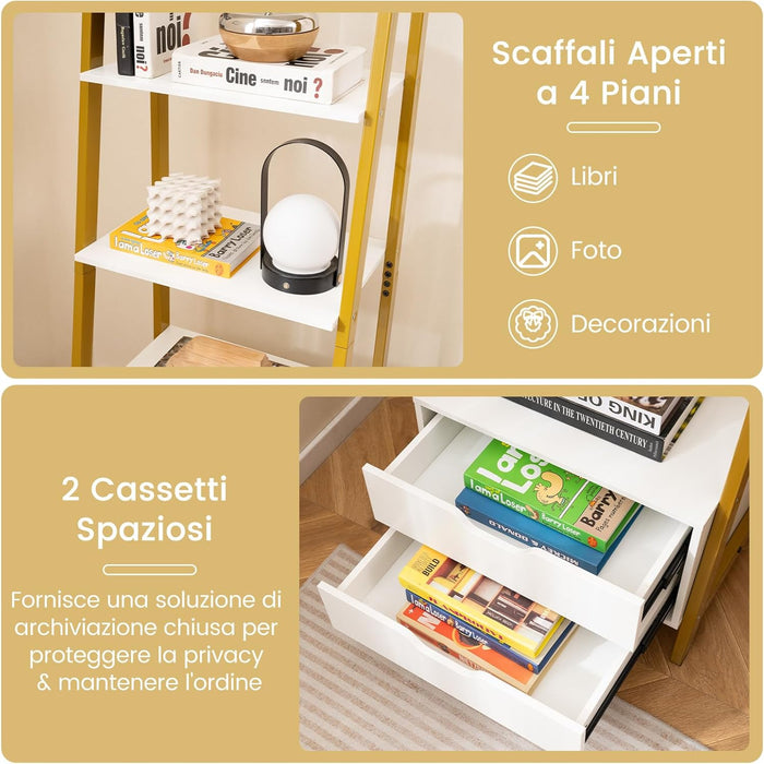 Scaffale a Scala, Libreria in Legno a 4 Ripiani con 2 Cassetti, Scaffale Salvaspazio da Terra per Camera da Letto, Studio, Ufficio e Soggiorno, 52 x 39,5 x 134 cm (Bianco)