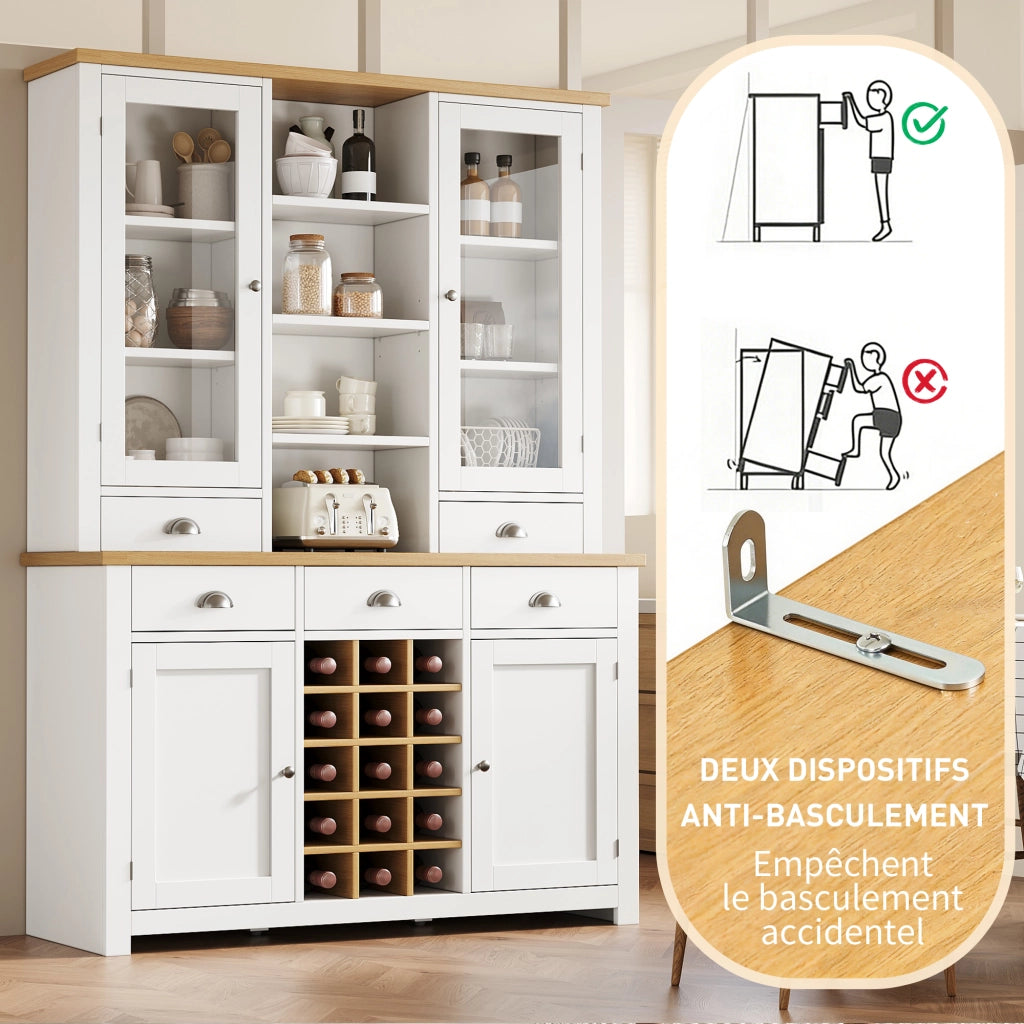 Credenza alta con anta in vetro, 5 cassetti e ripiano regolabile, per cucina e soggiorno, in MDF e vetro, bianco