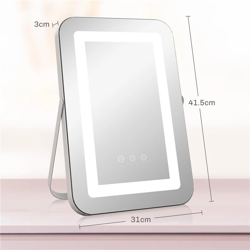 SPECCHIO TRUCCO CON LUCI REGOLABILI A 3 COLORI, PRESA USB E SPECCHIETTO INGRANDITORE 10X, 31X41.5X3CM, BIANCO