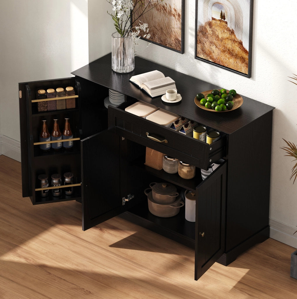 Credenza nera in MDF con 3 ante, cassetto e ripiani regolabili