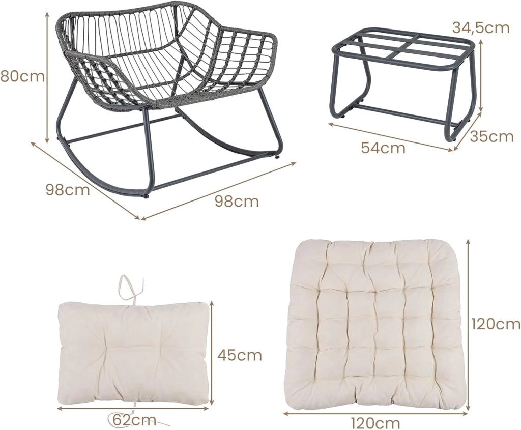 Poltrona a Dondolo con Poggiapiedi, Sedia a Dondolo da Interno ed Esterno, Poltrona Relax in Rattan con Cuscini Rimovibili per Soggiorno, Balcone e Giardino, Portata 150 kg (Beige)