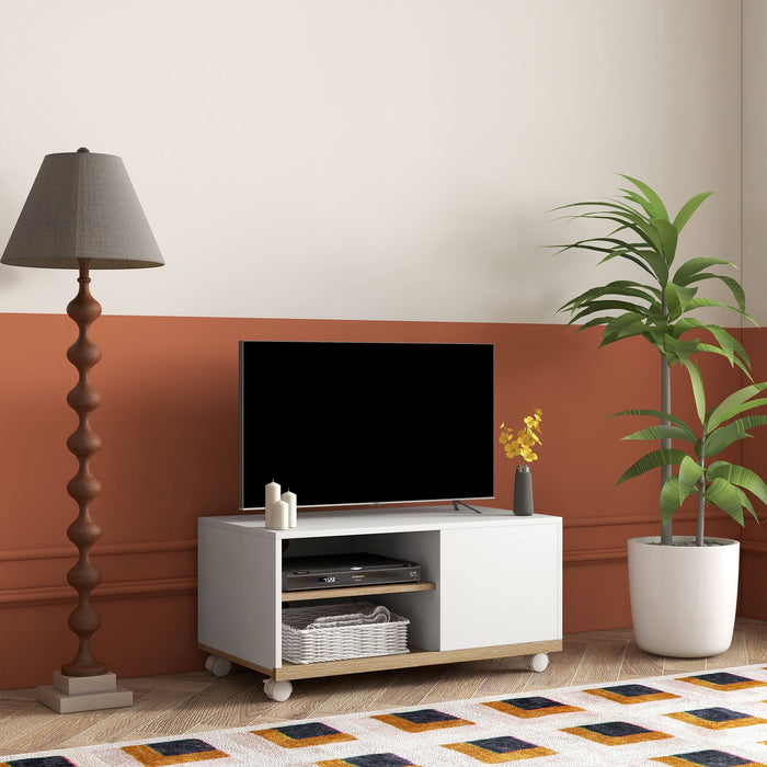 Mobile TV 42" Max con 2 Ripiani Aperti e Anta e Ruote 80x45x39.5 cm in Truciolato Bianco