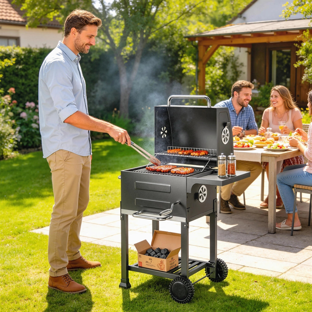 Grill da Giardino Wagon ¨C Zephmum ¨C Grigio con Termometro e Tavolino Laterale