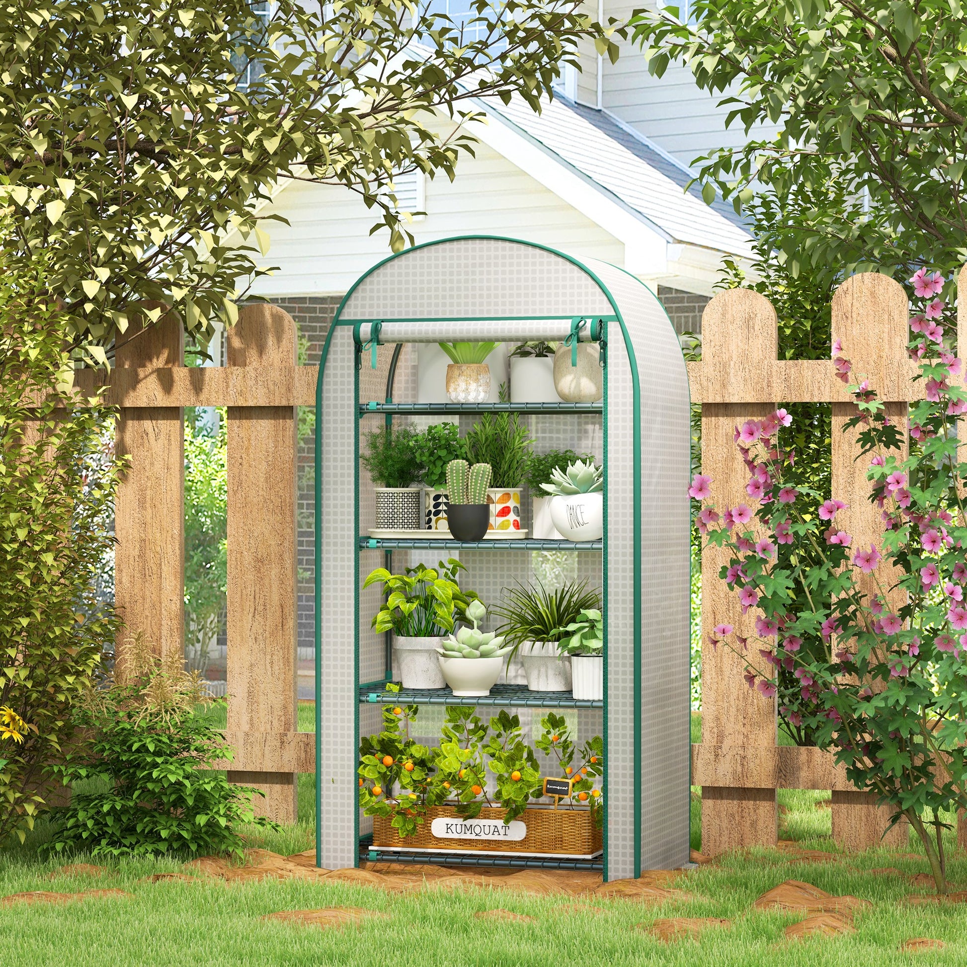 Serra da Giardino Verticale 80x50x160 cm con 4 Ripiani in Metallo e Copertura in PE Bianco