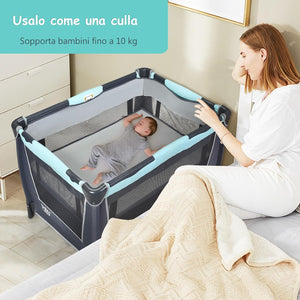 4 in 1 Lettino Neonato da Viaggio Pieghevole con Materasso, Culla da Campeggio con Fasciatoio e Giocattolo, per Bambini 0-36 Mesi fino a 15 kg (Grigio-Azzurro)