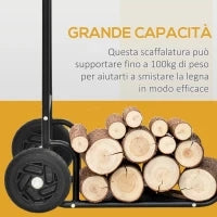 Carrello Portalegna in Acciaio con 2 Ruote per Interno ed Esterno, 77x42x105 cm, Nero