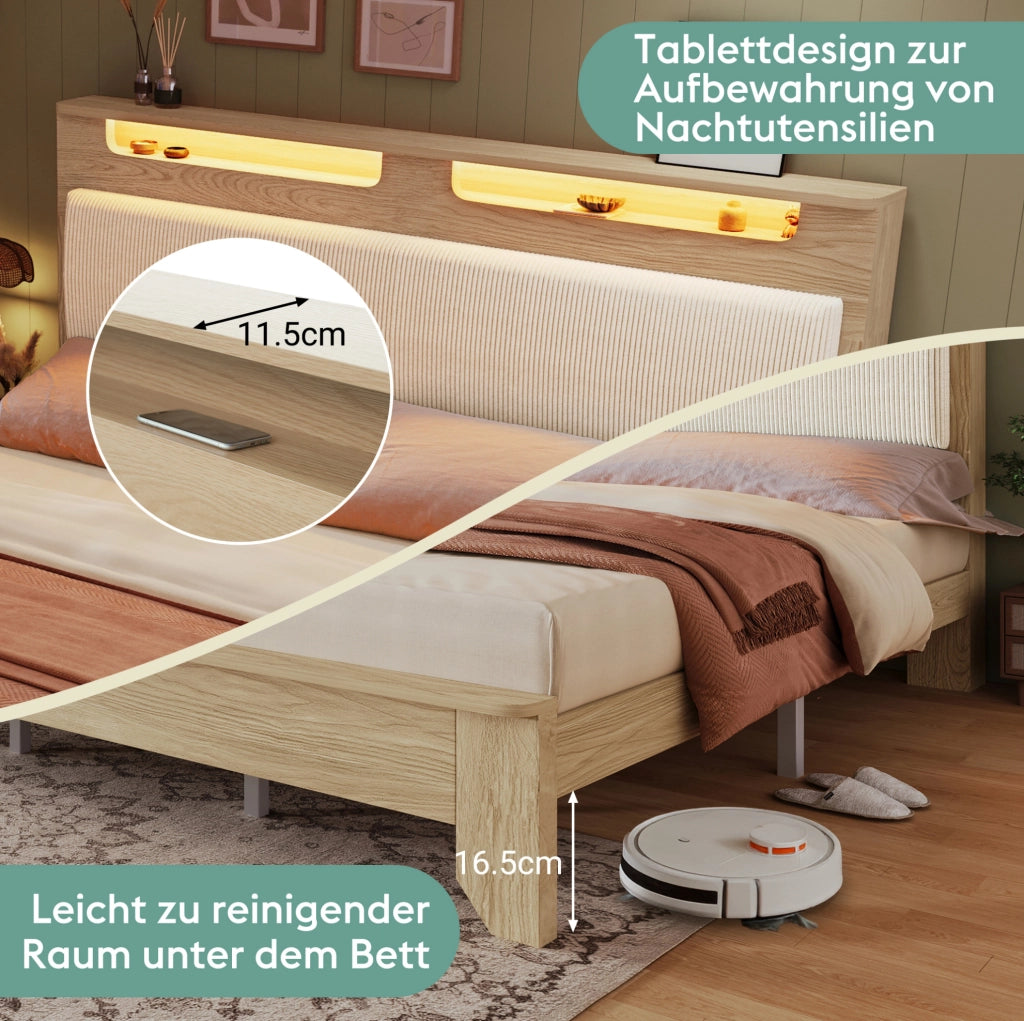 Letto matrimoniale con panca contenitore e testiera LED 140x200 cm; rovere chiaro e beige