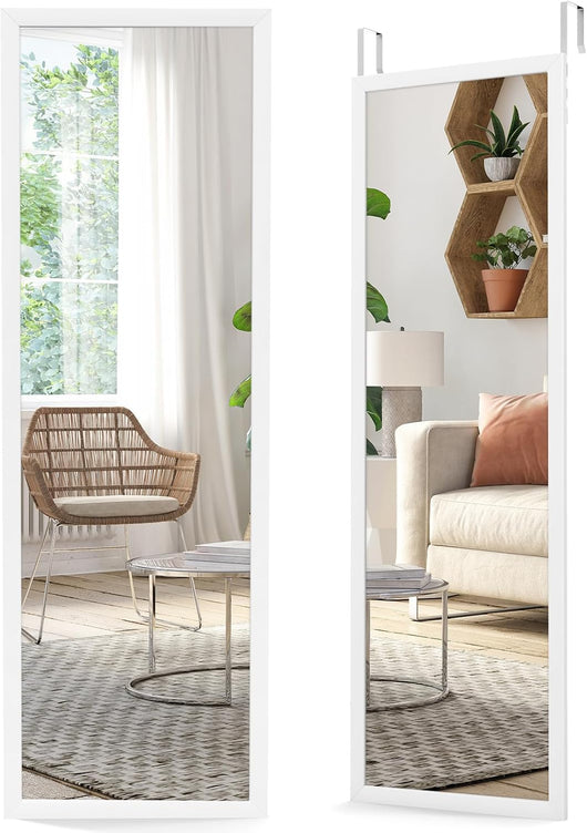 Specchio da Parete Lungo 108 x 36,5 cm, Specchio a Figura Intera Appendere con Cornice in Legno e Ganci, 2 Metodi di Montaggio e Altezza Regolabile (Bianco)