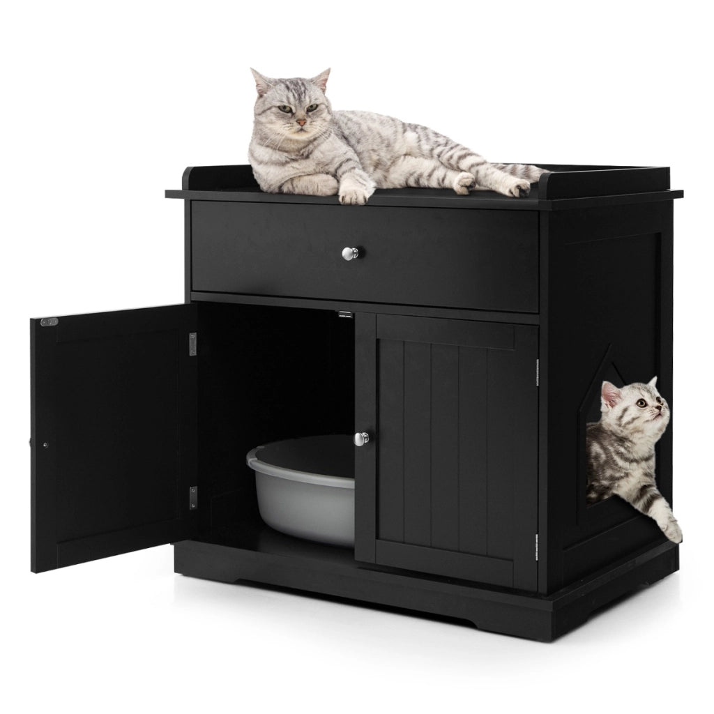 Armadietto moderno lettiera per gatti, Mobile per lettiera per gatti con cassetto e 2 porte Nero-Lettini e divanetti
