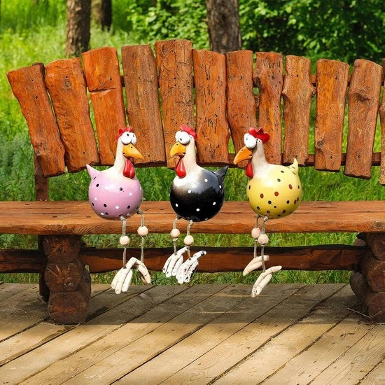 Gruppo di 3 Figurine di Resina con Pollo - Palo Decorativo per Giardino - Decorazione per Rubinetto in Resina e Ceramica