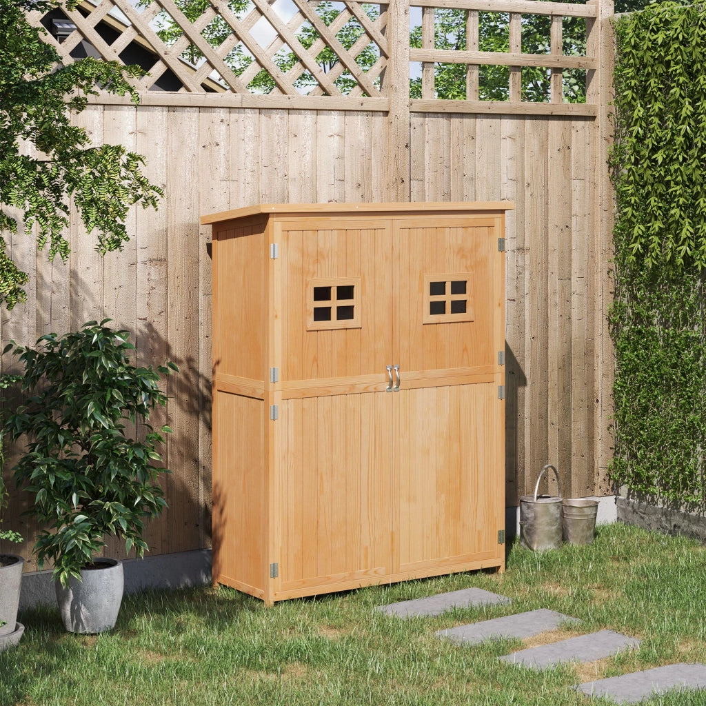 Armadio da Giardino in Legno ¨C Minimal ¨C 127,5x50x164 cm Legno Massello 2 Ripiani 2 Porte 2 Finestre