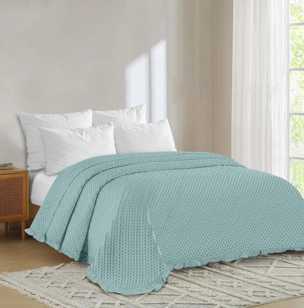 Copriletto Trapuntato Volant Matrimoniale Trapuntino Tinta Unita Due Piazze Con Balze Coperta Leggera Primavera Estate Trapunta Leggera Azzurro