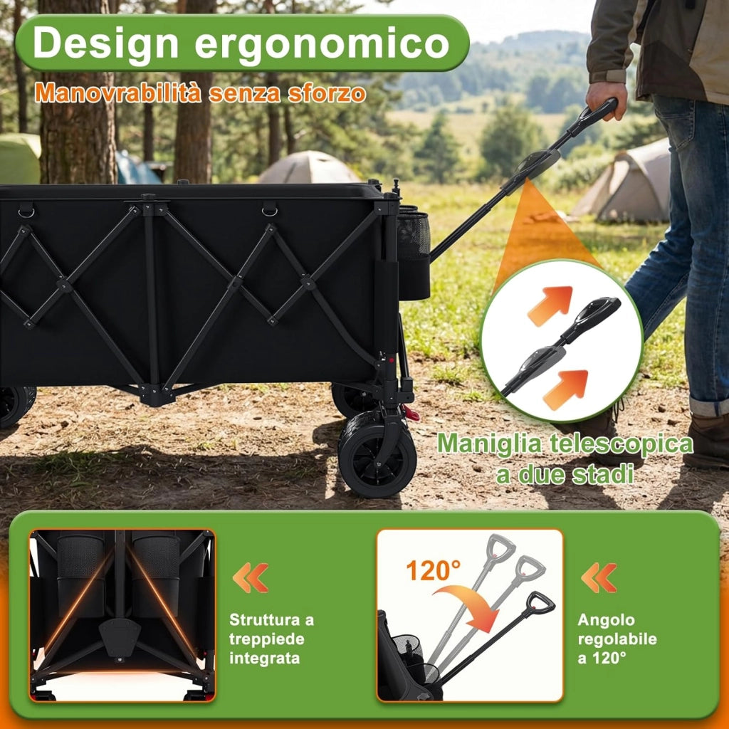 260L carrello spiaggia 200kg carrello con ruote portatutto grandi,carrellos pieghevole Con Braccioli Regolabili e Tasche Laterali per Giardino Campeggio all'aperto Ogni Tipo di Terreno, Nero