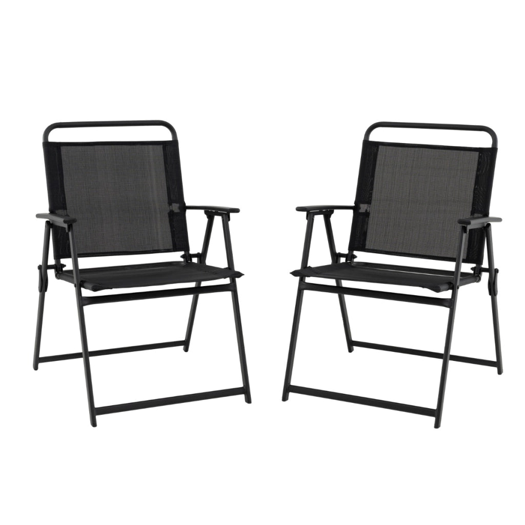 Set di 2 sedie da giardino pieghevoli con telaio in metallo, Sedie da spiaggia con schienale e braccioli Nero-Poltrone e sdraio