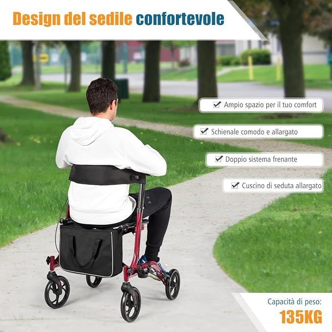 Deambulatore Pieghevole per Anziani Ultraleggero, con Sedile Borsa da Spesa e 4 Ruote Freno a Mano, Rollator Altezza Regolabile, Capacità 136kg, Lega di Alluminio, Nero (Rosso)