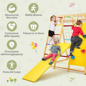 Set da Arrampicata per Bambini, Area Giochi Multifunzionale in Legno con Scala, Scivolo, Altalena e Rete da Arrampicata (Colorato)