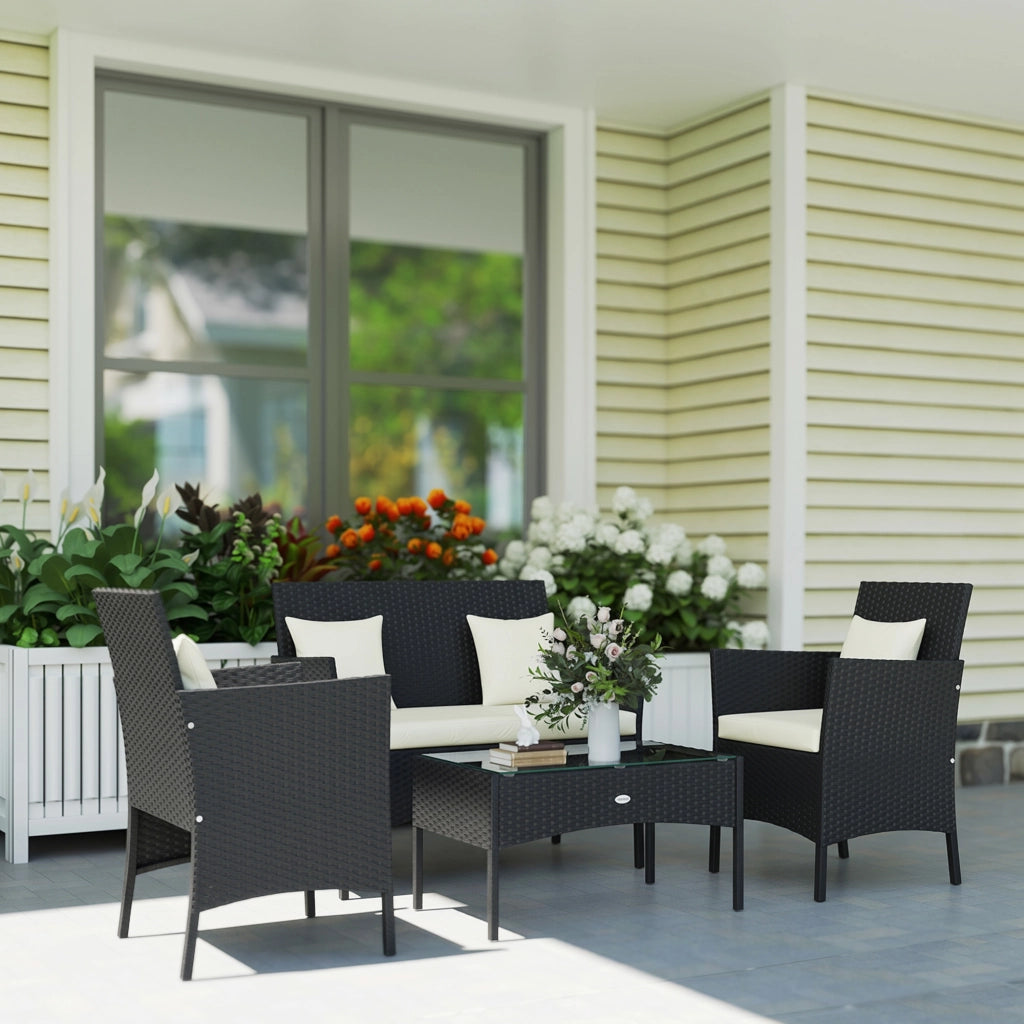 Set da Giardino 4Pezzi in Rattan con 2 Sedie, Poltrona da Giardino a 2 Posti e Tavolino Basso