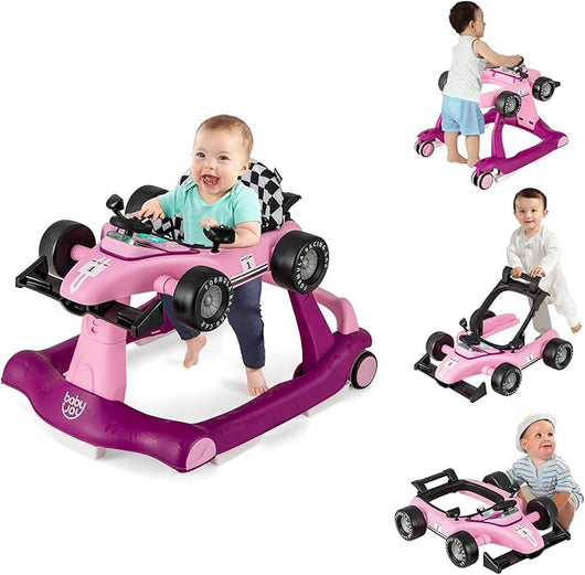 Girello per Bambini 4 in 1, Girello Pieghevole con Altezza e Velocità Regolabili, Carillon con Luci, Volante e Sedile, Primi Passi per Bambini 6-18 Mesi, Portata 15 kg (Viola)