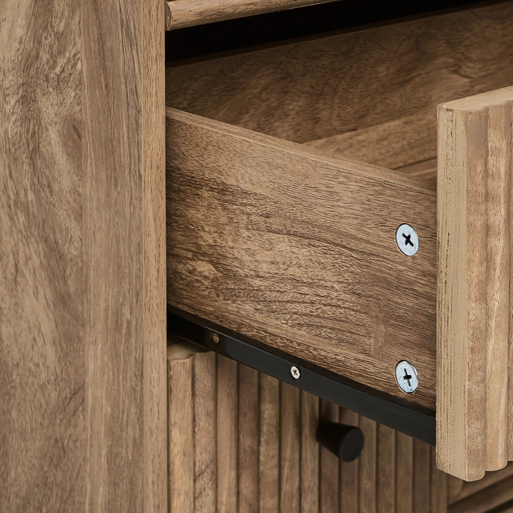 Mobile alto MDF marrone chiaro con gambe in legno di pino e 2 cassetti, design moderno