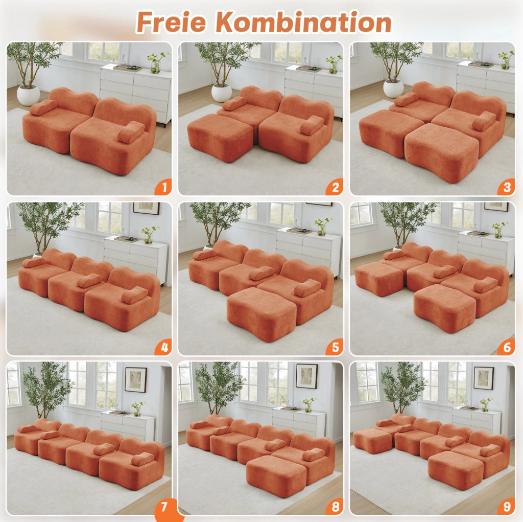 Divano angolare modulare a onda con pouf collegabile in velluto arancione