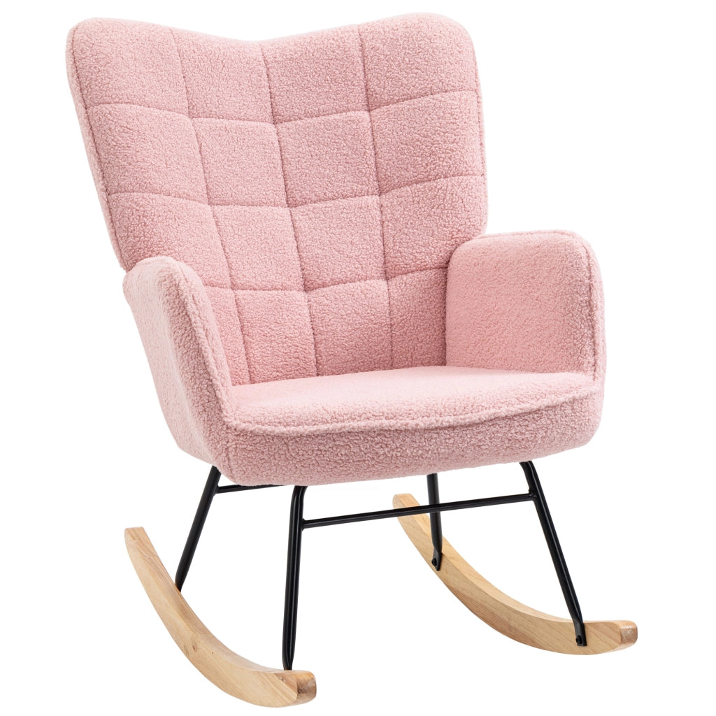 Sedia a dondolo imbottita rosa con struttura in acciaio e base in legno, portata 120 kg