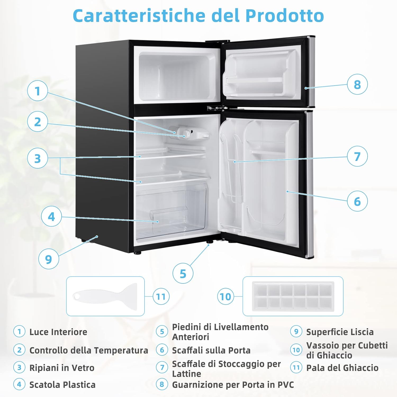 Frigorifero 90 L (27+63), Freezer Separato con 2 Ante e Luce LED, Refrigerazione Rapida, Silenzioso, Mini Frigo per Ufficio Casa Bar Hotel, 220-240 V/50 Hz (Grigio) [Classe di efficienza energetica E]
