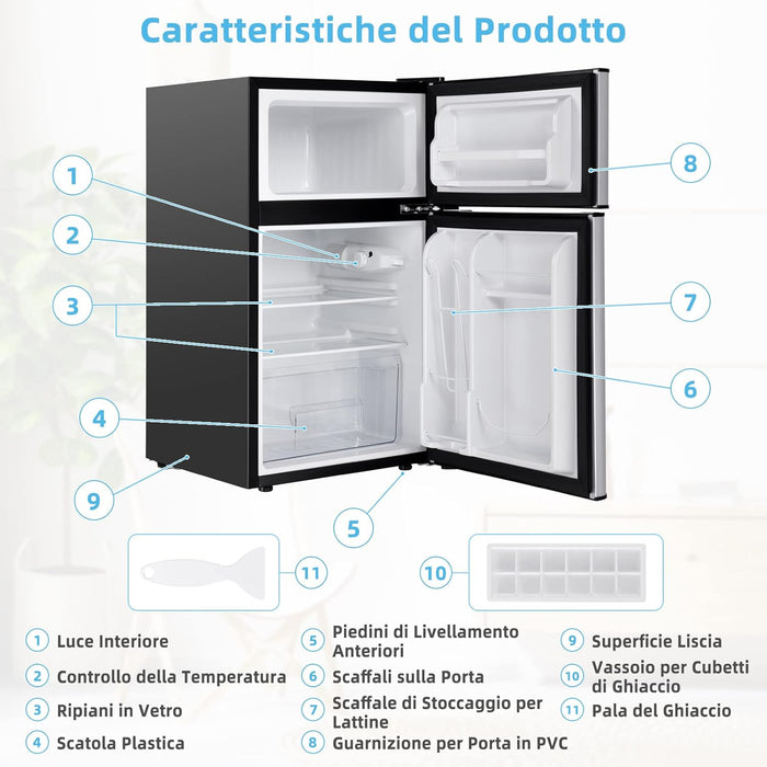 Frigorifero 90 L (27+63), Freezer Separato con 2 Ante e Luce LED, Refrigerazione Rapida, Silenzioso, Mini Frigo per Ufficio Casa Bar Hotel, 220-240 V/50 Hz (Grigio) [Classe di efficienza energetica E]