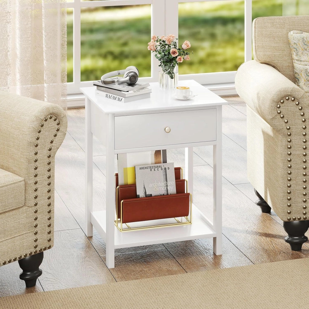 Comodino moderno, comodino con cassetto, ripiano aperto, grande superficie, in legno, gambe antiscivolo, stile chic salvaspazio per soggiorno, camera da letto, bianco