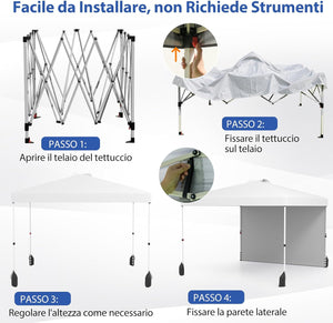 Gazebo Pieghevole 3 x 3 m, Gazebo da Esterno con Borsa con Ruote, Picchetti, Ancoraggi, Corde del Vento, Sacchi di Sabbia e Copertura Ventilata, Tendone Impermeabile per Feste (Bianco)