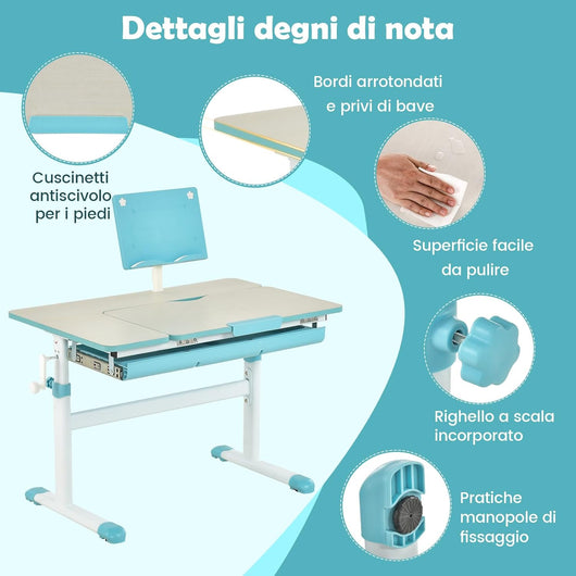 Scrivania per Bambini, Tavolo per Studenti con Regolabile in Altezza, con Piano Ribaltabile, Libreria, Cassetti e Righello di Misurazione, Ergonomica, Ideale per Bambini 3-12 Anni (Blue)