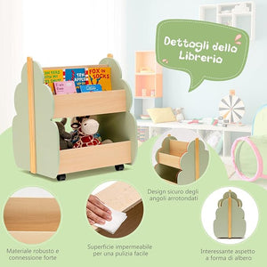 Libreria per Bambini in Legno, Scaffale di Stoccaggio a 2 Livelli per Bambini e Bambine, Organizzatore di Libri e di Giocattoli, Ideale per Caremetta e Nido, 52 x 46 x 62,5 cm (Verde)