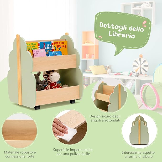 Libreria per Bambini in Legno, Scaffale di Stoccaggio a 2 Livelli per Bambini e Bambine, Organizzatore di Libri e di Giocattoli, Ideale per Caremetta e Nido, 52 x 46 x 62,5 cm (Verde)
