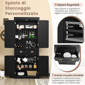 Credenza Alta Cucina, Armadietto Dispensa da Cucina con Portabottiglie, Ripiani Regolabili e 3 Cassetti, per Soggiorno, Cucina e Sala da Pranzo, 106,5 x 42 x 184 cm (Nero)