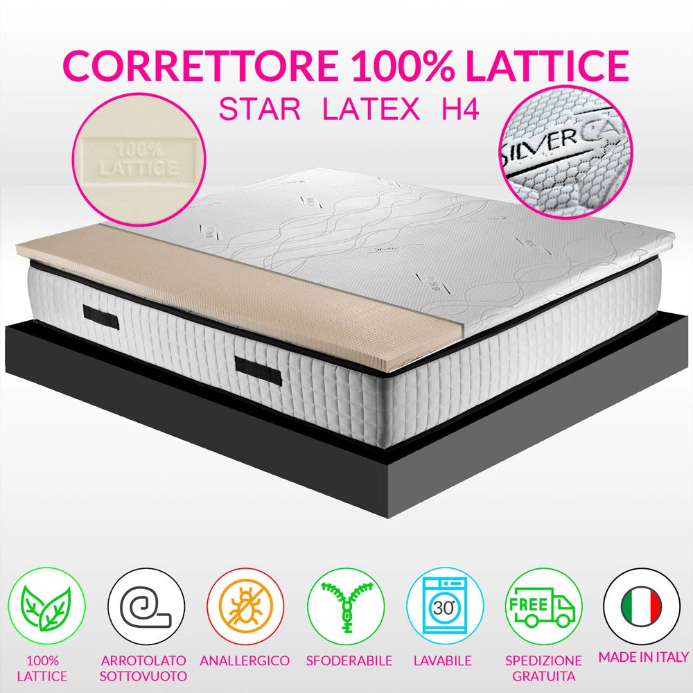Topper lattice, sopramaterasso in 100% LATTICE ANALLERGICO, Alto 4 cm con tessuto antimicrobico sfoderabile 4 lati con filo in ARGENTO - STAR LATEX matrimoniale 165x190