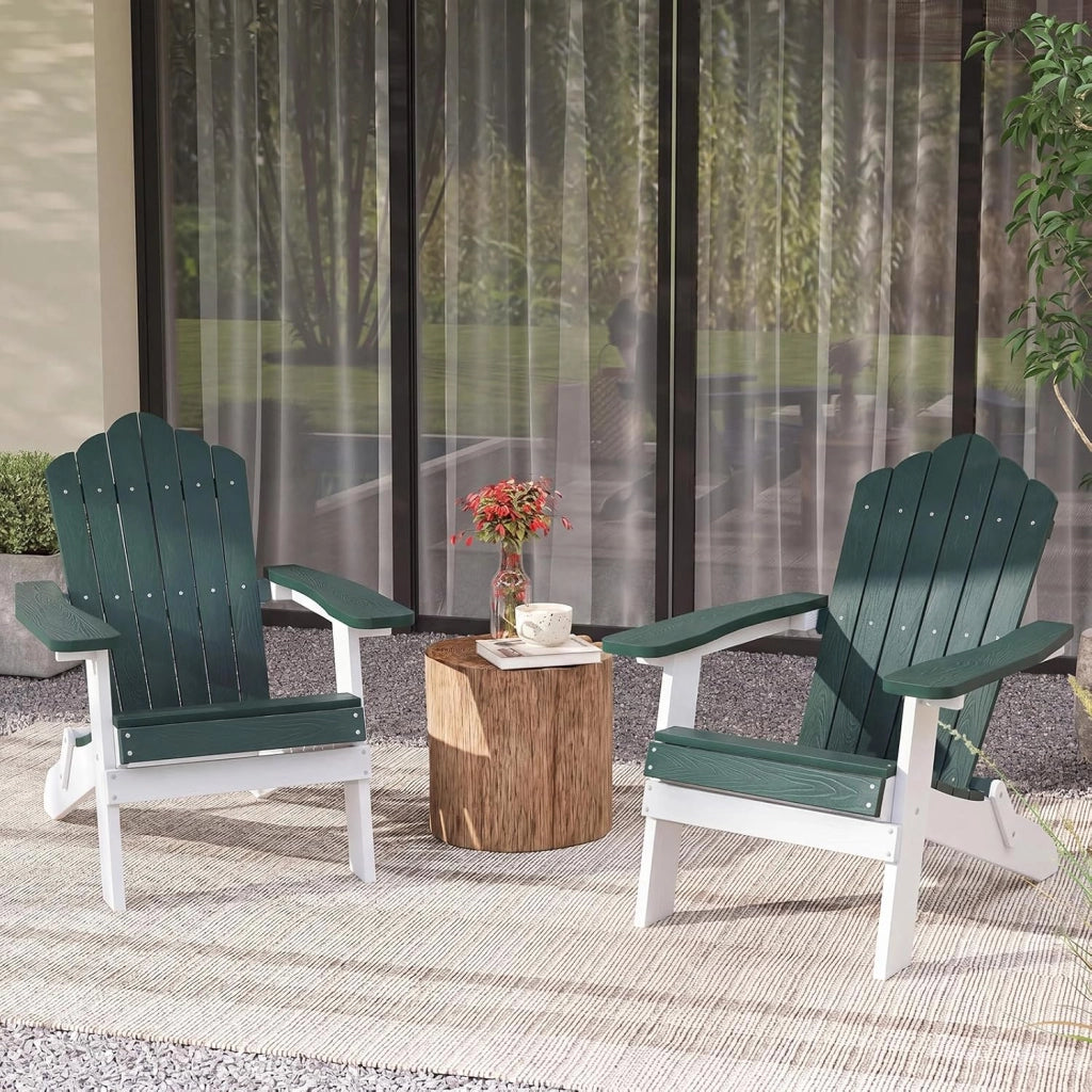 Sedia Adirondack Pieghevole da Giardino, Sedia da Patio in HIPS con Braccioli Larghi e Schienale Inclinato, Poltrona in Legno, per Giardino Cortile, Portata 180 kg (2, Verde+Bianco)