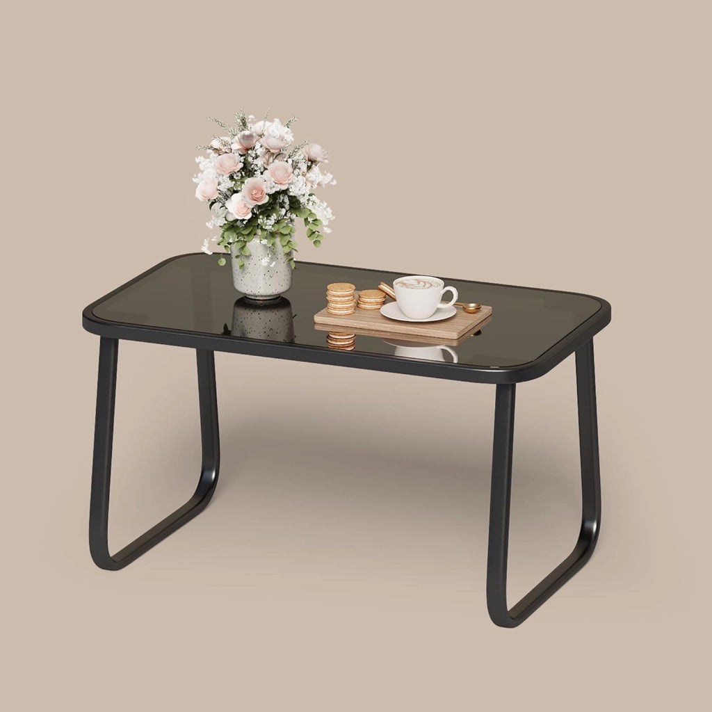 Set da Giardino 4 Pezzi, Mobili da Esterno in Tessuto Teslin, Salotto da Patio con 2 Poltrone, 1 Divano Doppio e 1 Tavolino in Vetro, per Giardino, Balcone e Terrazza (4pcs Set)