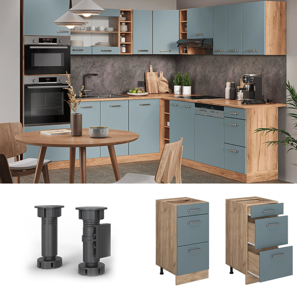 Vicco Mobiletto base per cucina Grigio-blu 40 cm con cassetti, PL Rovere