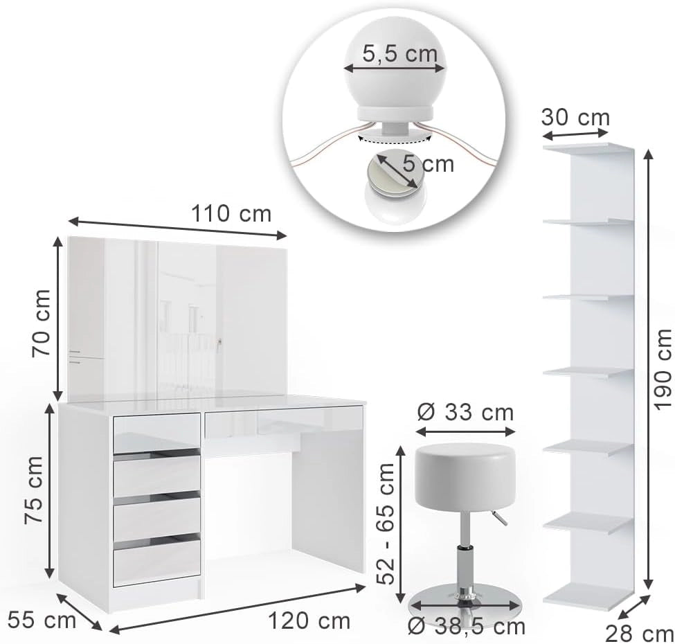 Vicco Tavolino da toilette Sherry, Bianco, 4 pezzi, con ripiano portaoggetti, specchio, sgabello, LED, adatto per l’uso quotidiano con telaio stabile