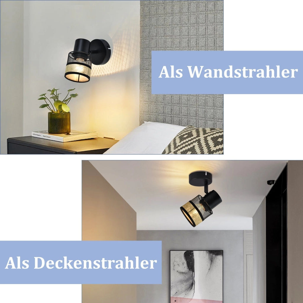 ZMH Faretti da soffitto 1 lampadina nero E27 40W corridoio retrò metallo paralume in tessuto dorato rivestimento