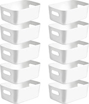 Pacchetto di 10 scatole di archiviazione, contenitore di archiviazione in plastica, organizzatore di armadietti della cucina con maniglie, contenitori, scatola in plastica per bagno, cucina, magazzino (bianco, medio)