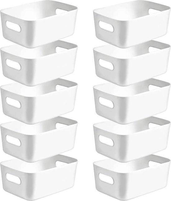 Pacchetto di 10 scatole di archiviazione, contenitore di archiviazione in plastica, organizzatore di armadietti della cucina con maniglie, contenitori, scatola in plastica per bagno, cucina, magazzino (bianco, medio)