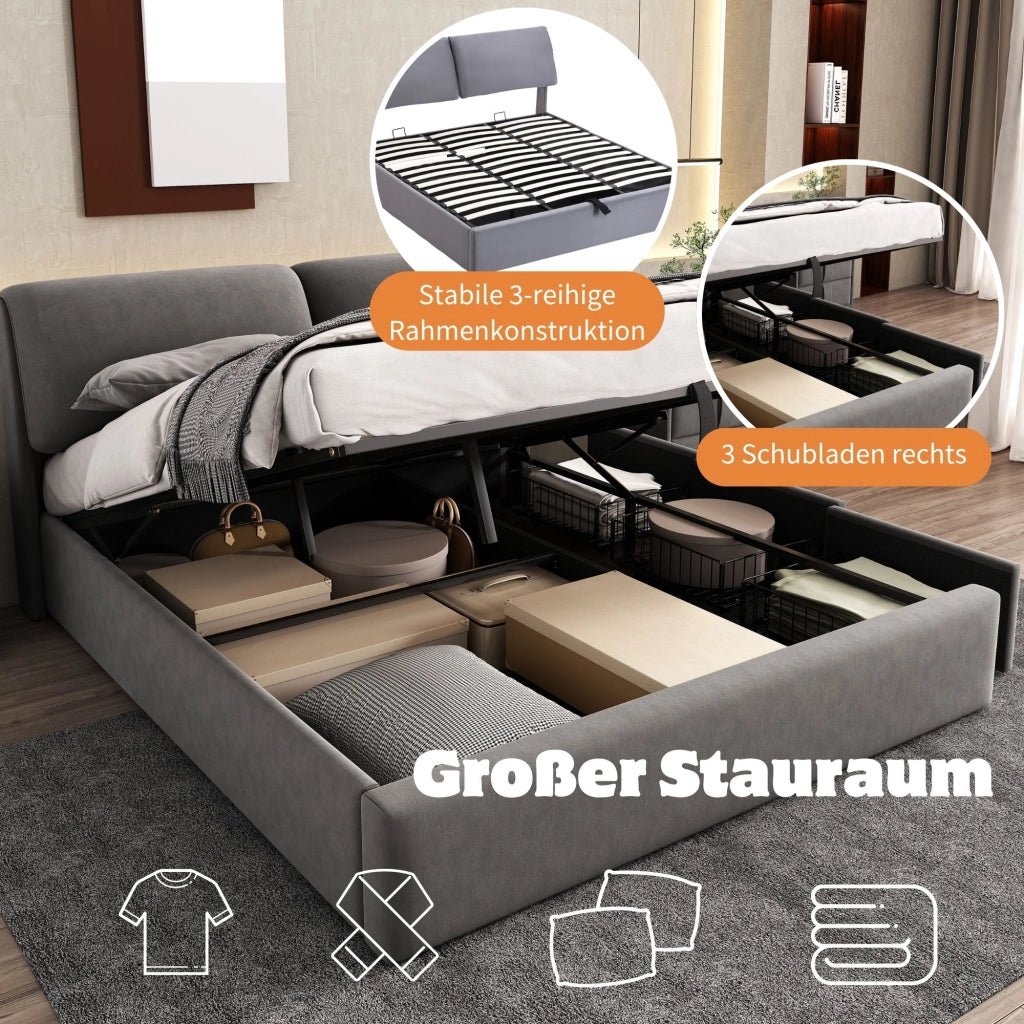 Letto Contenitore 160 x 200 cm - Idraulico; 3 Cassetti e Testiera Regolabile - Grigio