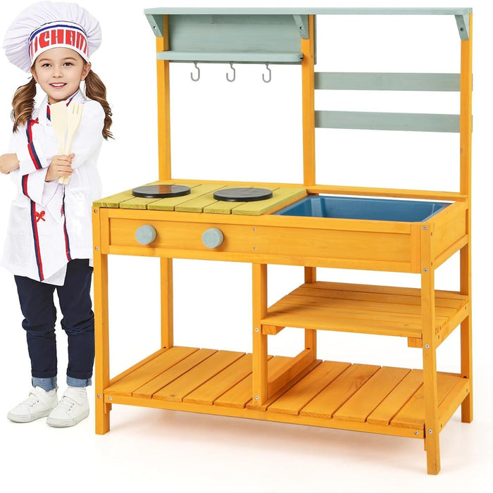 Cucina da gioco con lavello per bambini 3+ anni, Cucina in legno di pino con fornelli manopole e lavello Giallo-Cucine giocattoli